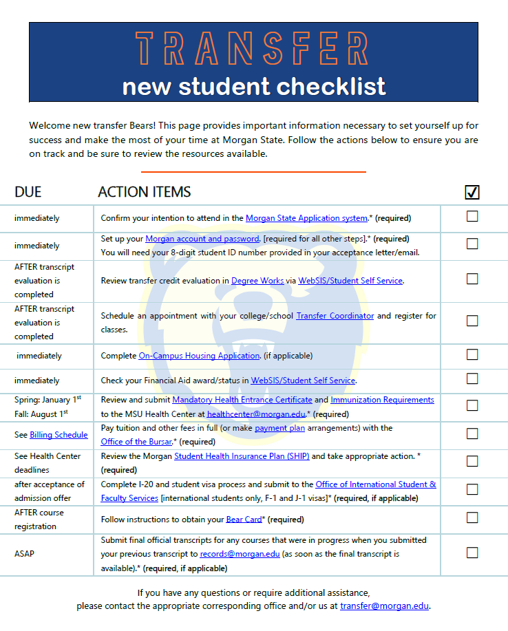 New Transfer Student Checklist
