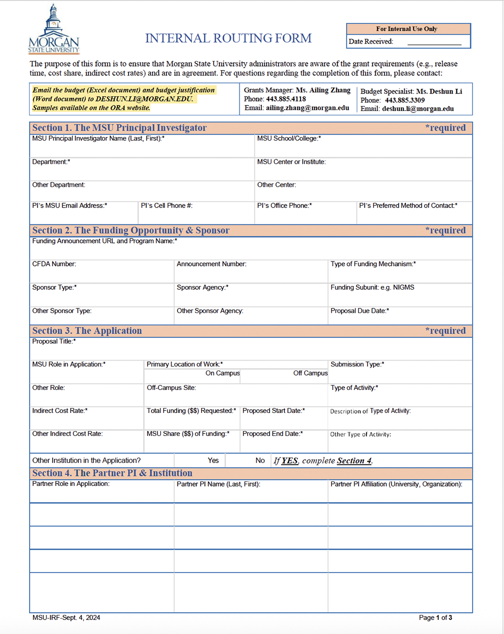 MSU Internal Routing Form page 1