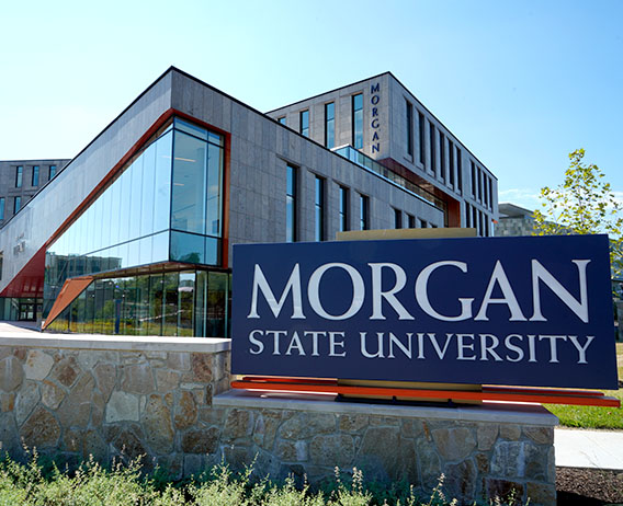 morgan state signage with tyler hall in the background