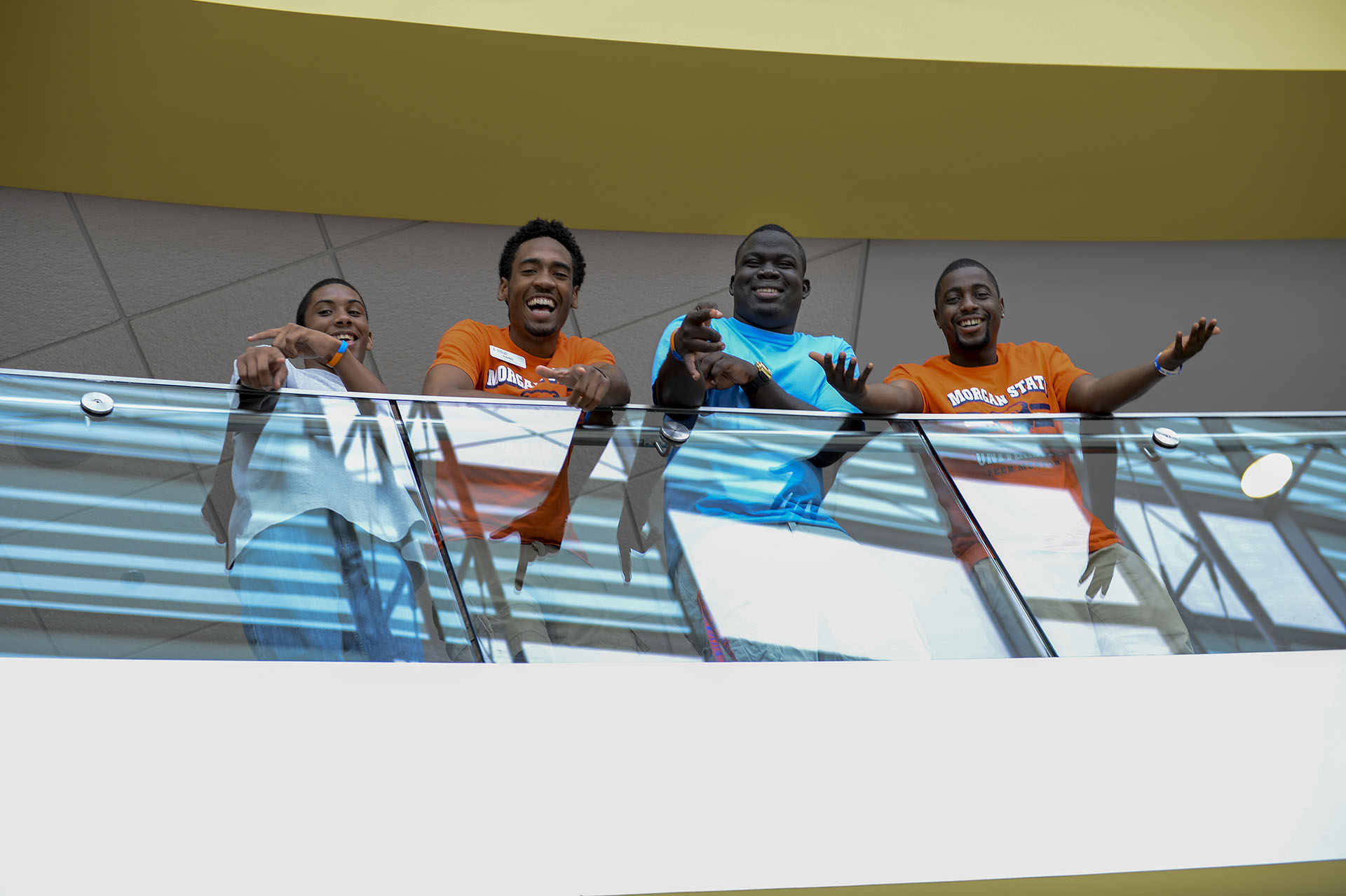 students looking over in the student center