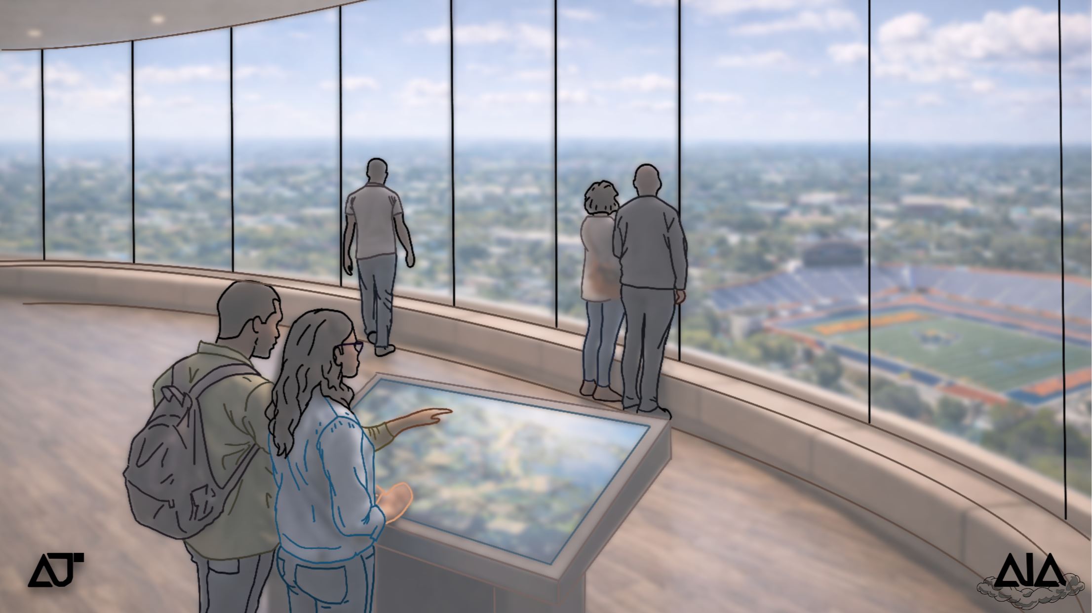 Crowning the structure is The Bird's Eye View, the Emotional Apex of the Vertical Respite Tower building. 