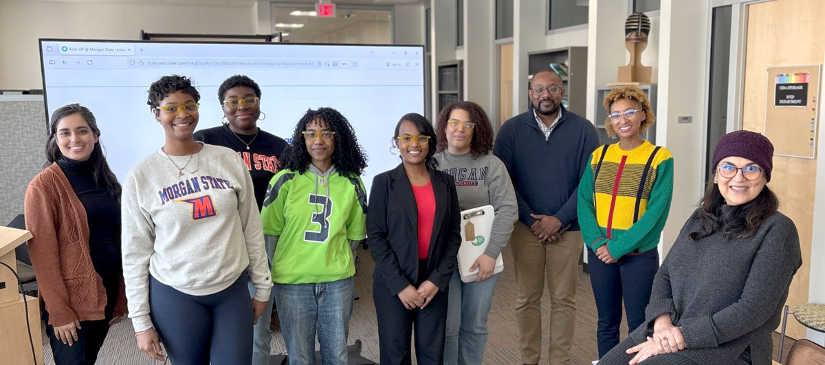 Morgan State BIT fellows photographed with campus liaisons Dr. James Hunter (Civil Engineering) and Dr. Samia Kirchner (Architecture/Urban Design) at a recently held BIT for Resilient HBCUs initiative kick-off event.