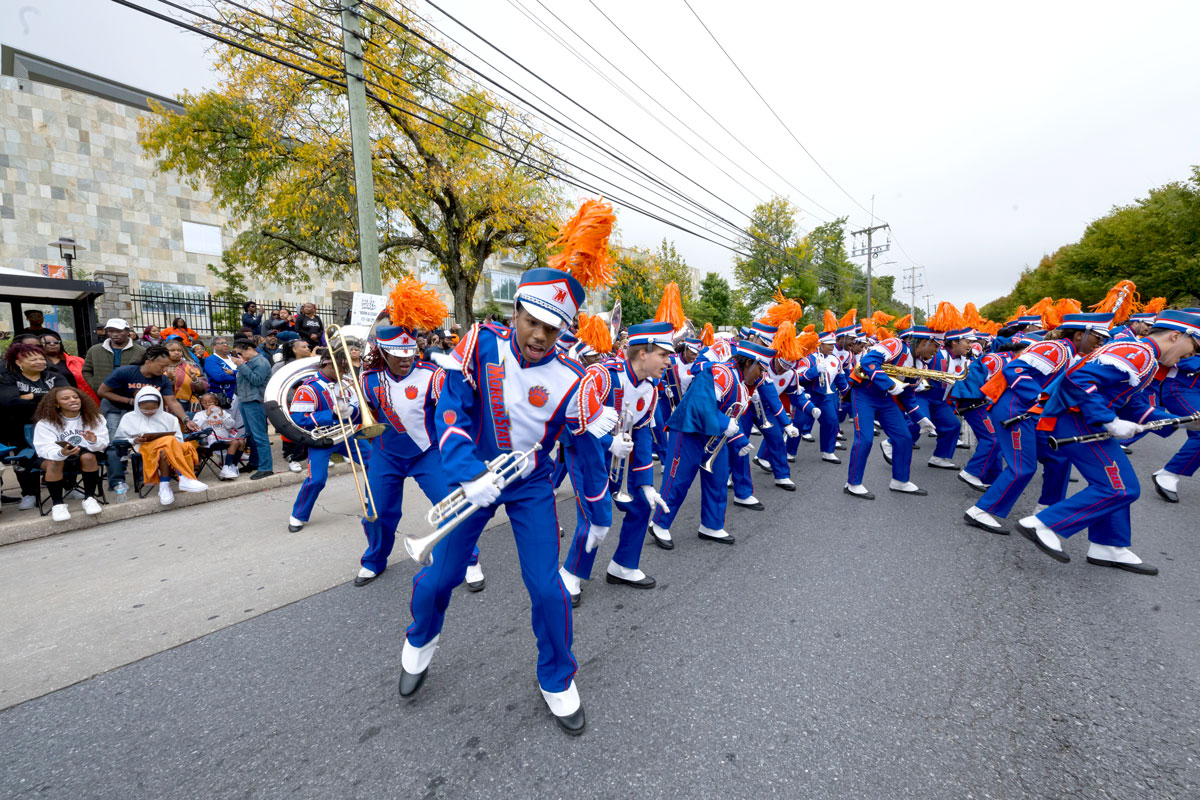 The Morgan State Magnificent Marching Machine marching band performs during the 2025 homecoming parade.