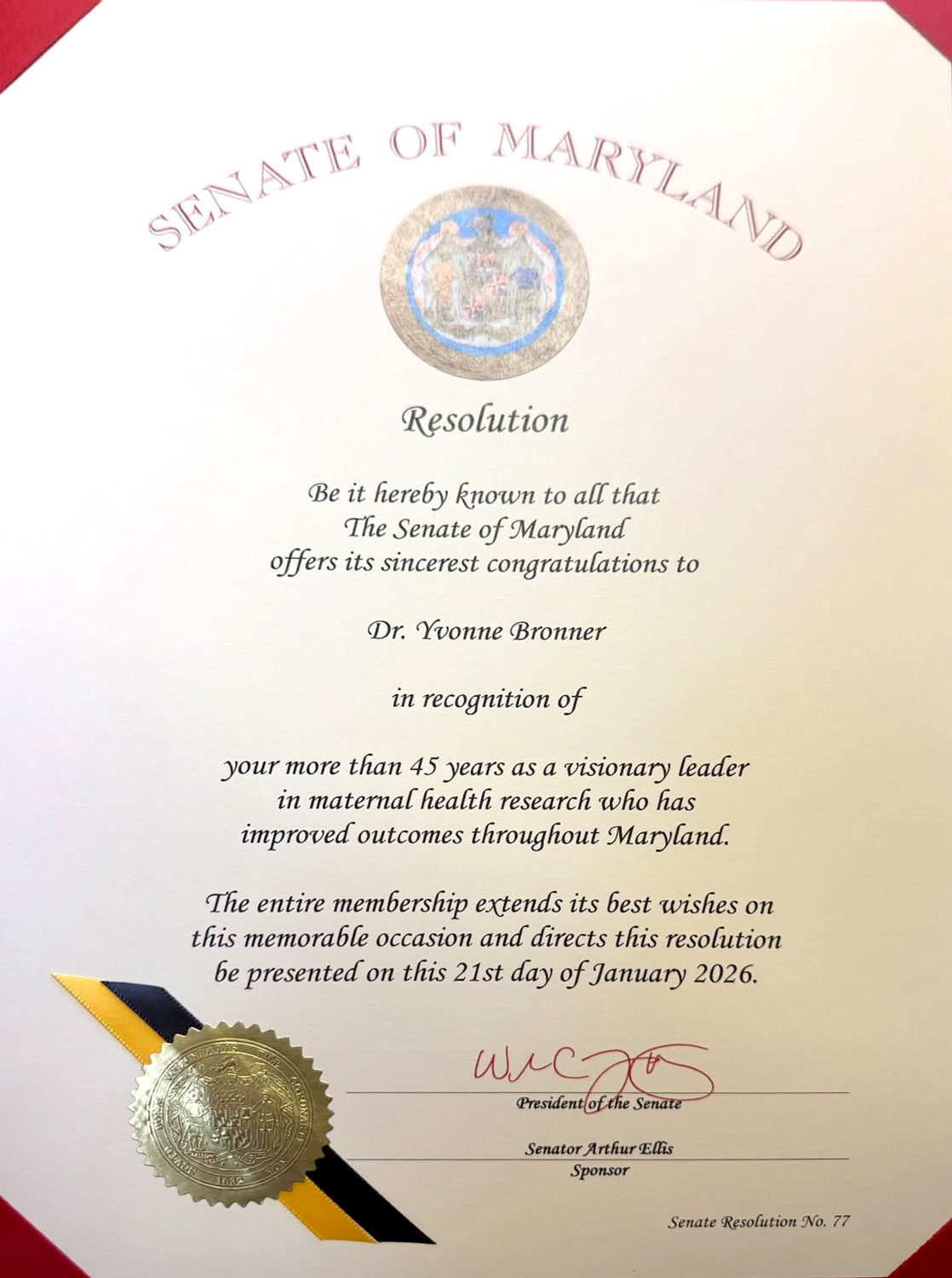 Senate of Maryland resolution for Dr. Yvonne Bronner in recognition of achievement in maternal health.