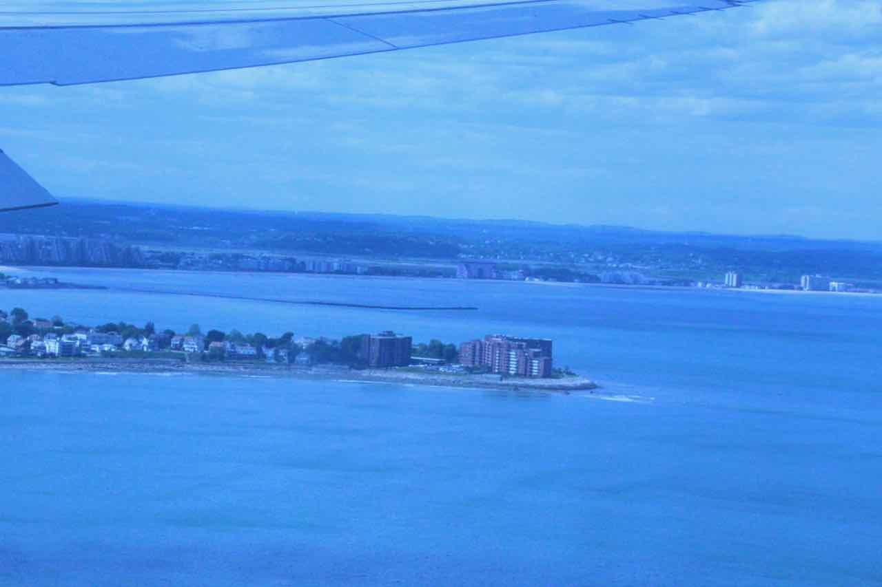 view from airplane overlooking buildings