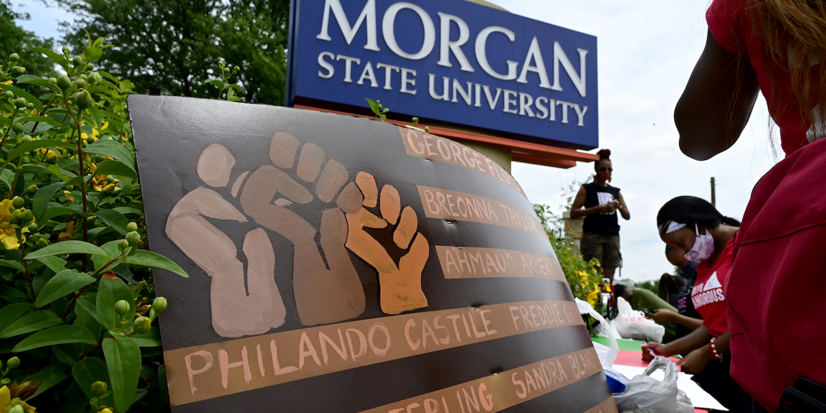 Black Lives Matter poster in front of Morgan signage