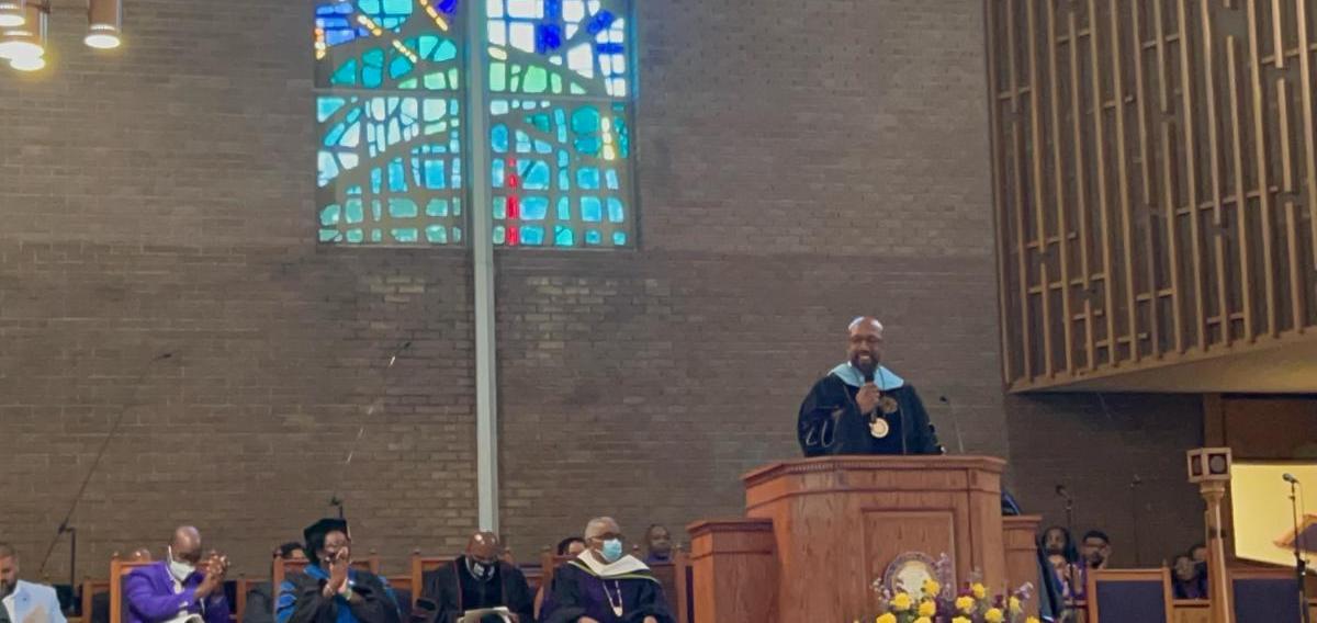 Michael Sorrell, president of Paul Quinn College, speaks at the institution’s 150th anniversary celebration.