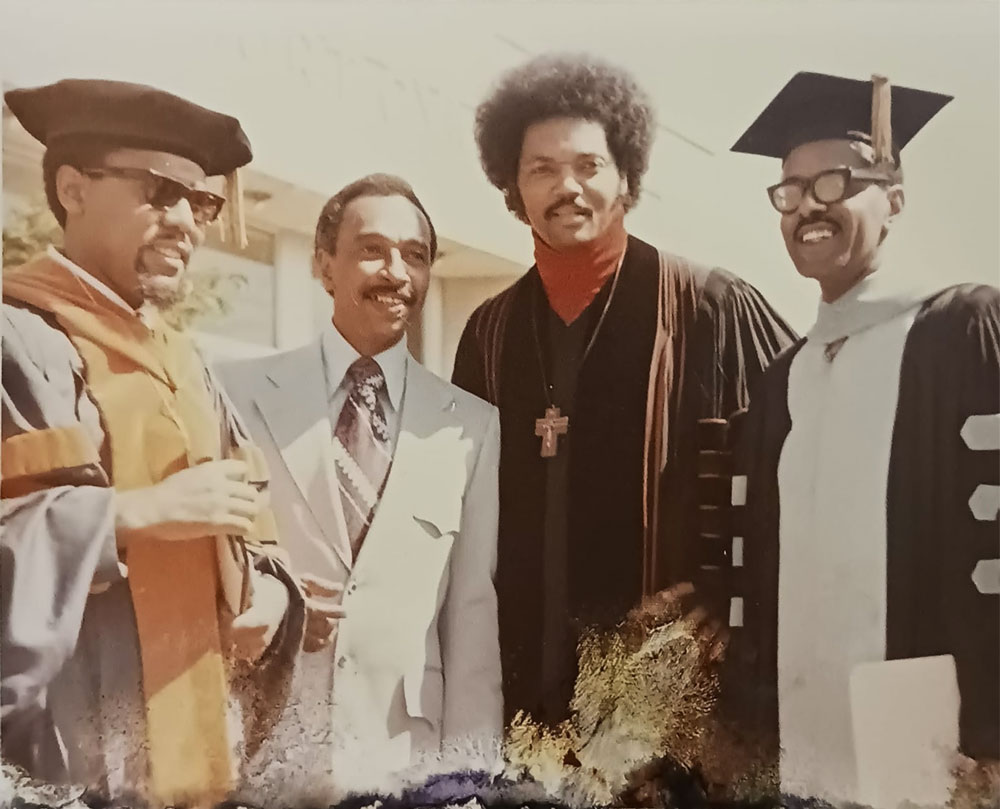 Morgan State University Commencement, 1972. From left, Morgan President King V. Cheek, Congressman Parren J Mitchell, Rev. Jesse Jackson, and James Haywood Harrison. (Photo credit: Bill Wooden | Baltimore Past and Present Photos )