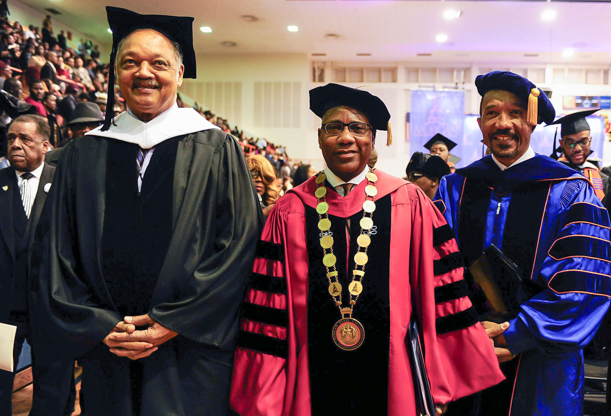  Morgan State University 2015 Fall Commencement (Left to Right) Rev. Jesse Jackson, President David Wilson and Board of Regents Chairman Kwiesi Mfume.