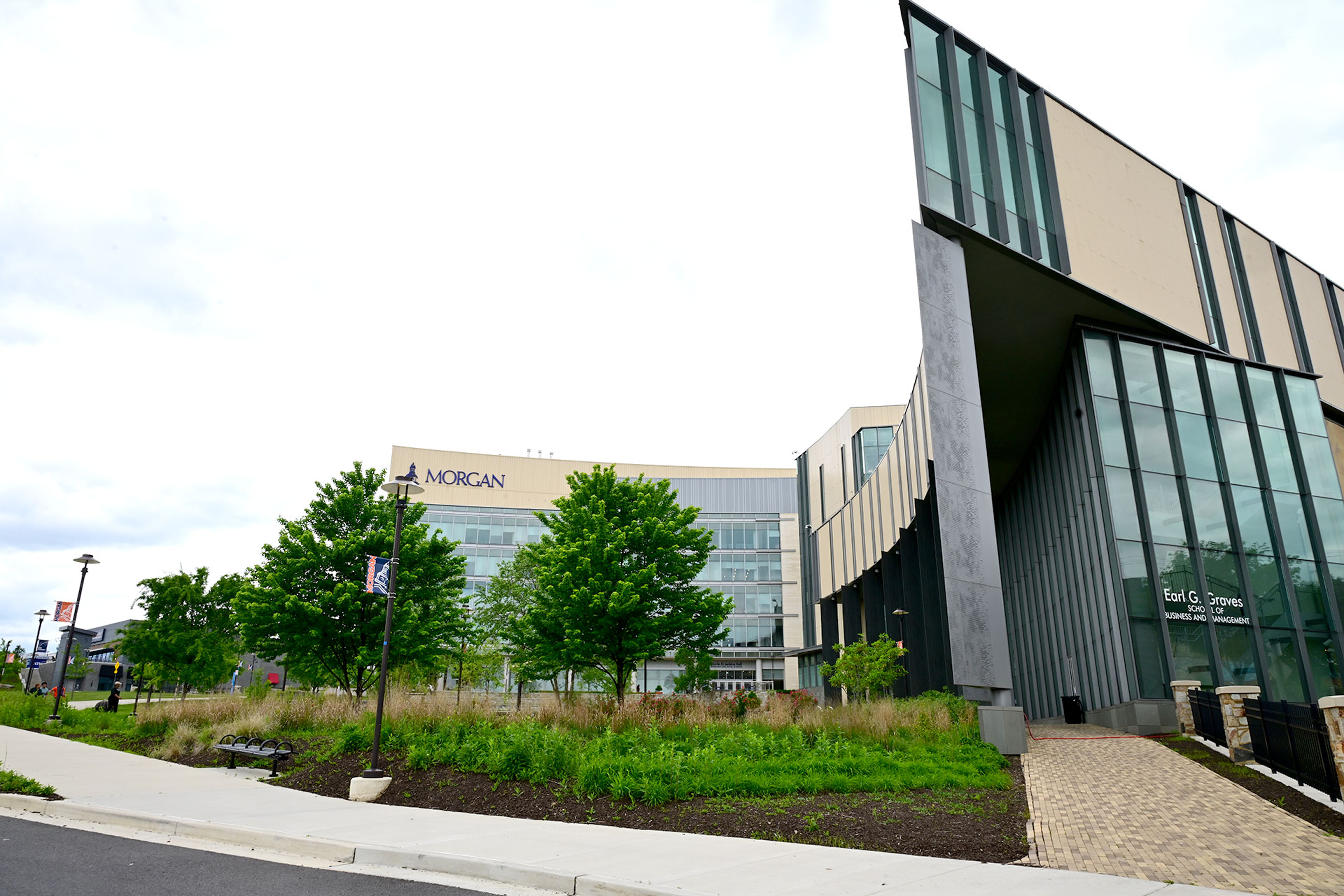 Morgan State University West Campus includes Martin D. Jenkins Hall (Behavioral and Social Sciences Center) and Earl G. Graves School of Business and Management, featuring micro-bioretention and rain gardens