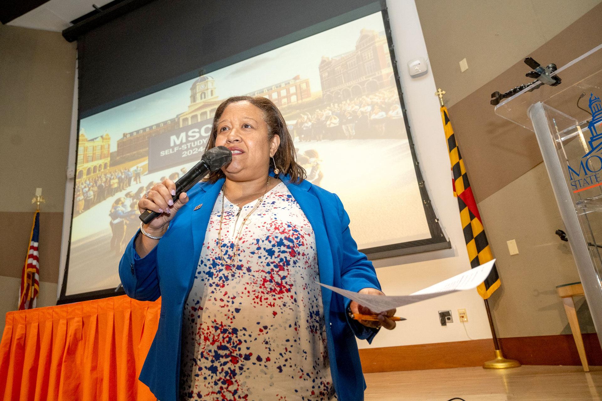 Dr. Kara Turner, Senior Vice President for Enrollment Management and Student Success, leads MSCHE self-study meeting at Morgan.