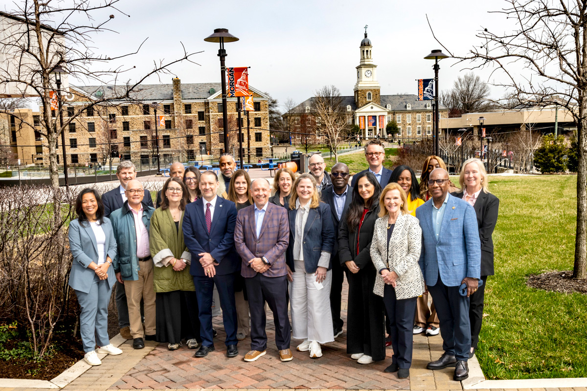 The Lumina Foundation Board poses on the Morgan Commons mall on the campus of Morgan State University.