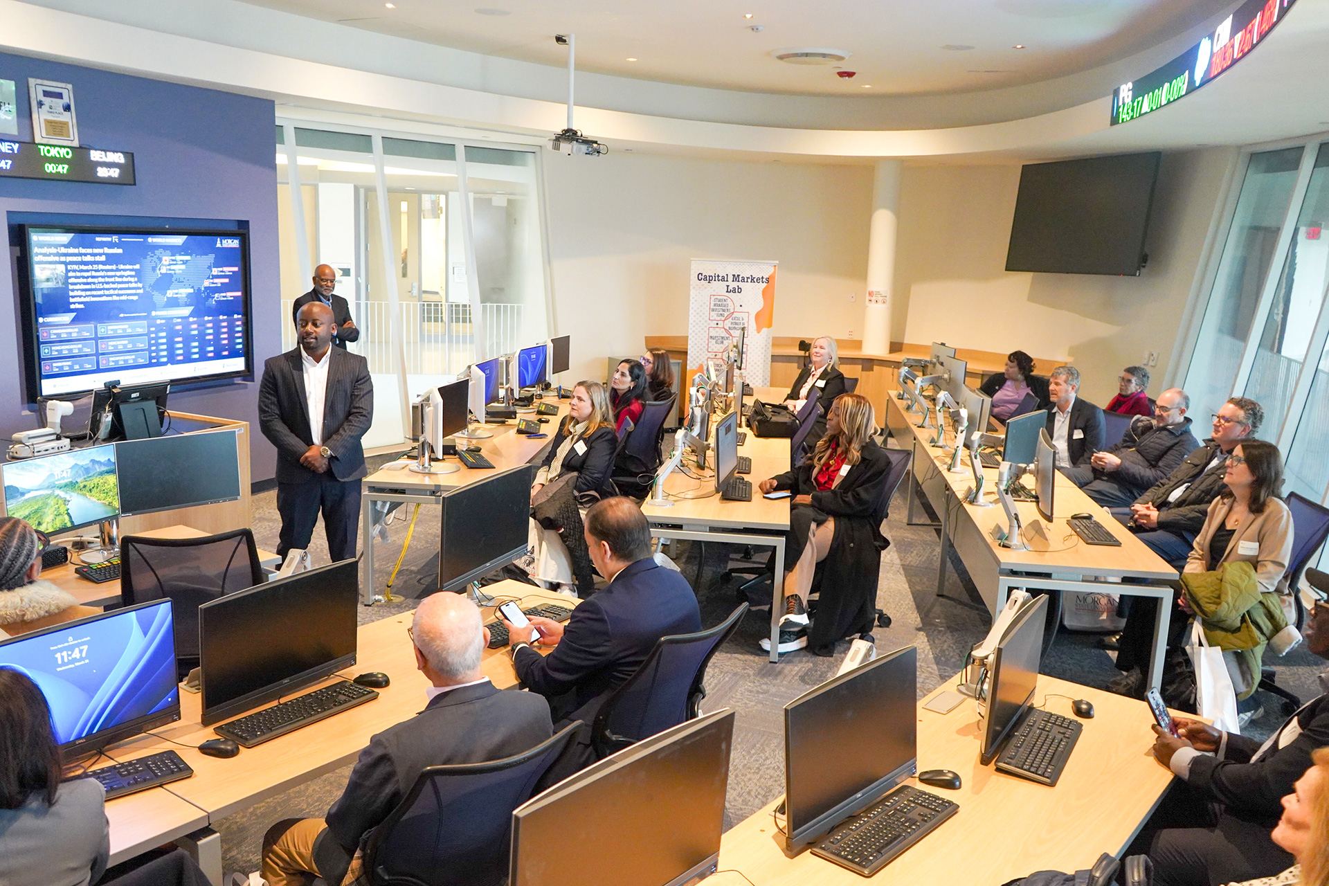 The Lumina Foundation Board visits the Capital Markets Lab in the Morgan Business Center (home of the Graves School of Business).