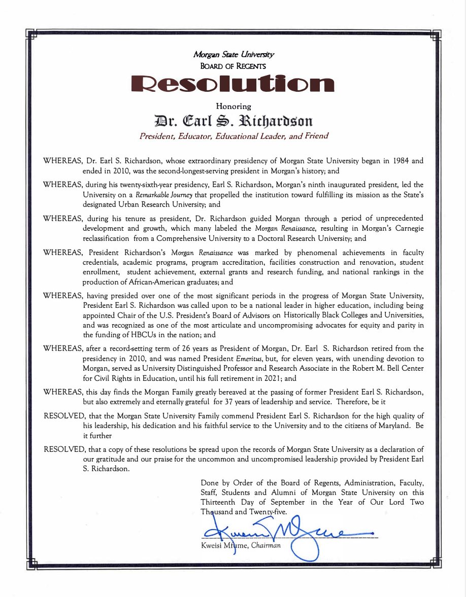 Resolution Honors Dr. Earl S. Richardson