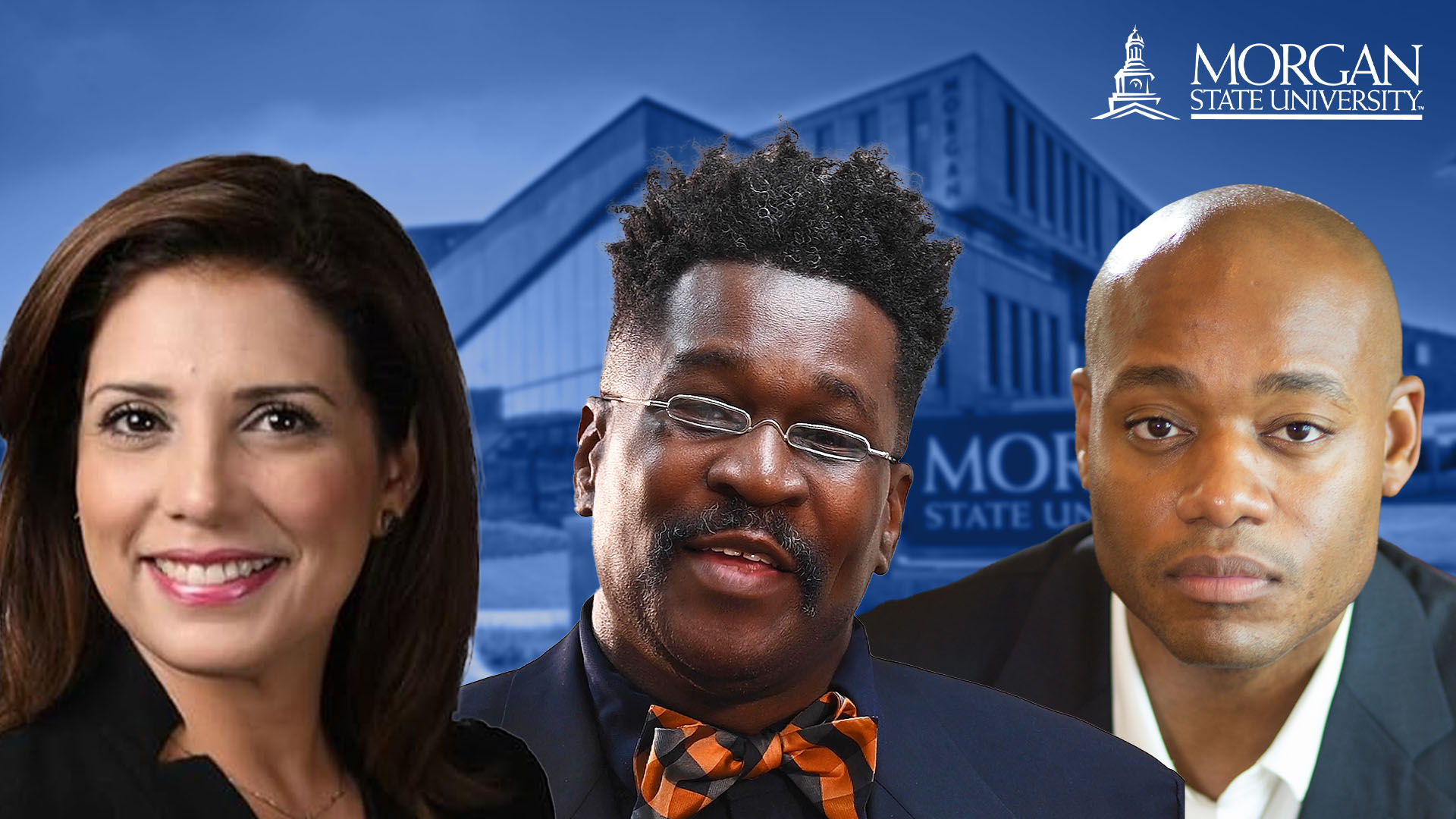 Dina El Mahdi, Edwin Johnson, and Timothy Summers against a black Tyler Hall background