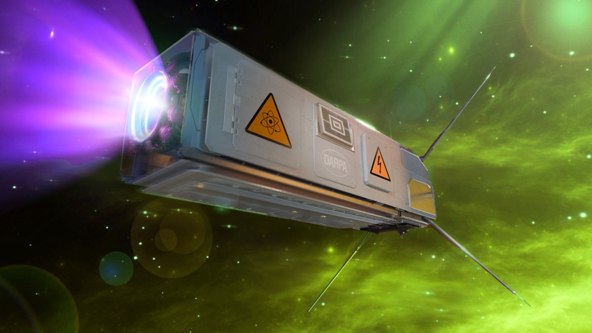 Artist Concept: A notional spacecraft with a high-power agile plasma thruster is powered by novel kilowatt-level radiovoltaics (cells that turn radiation directly into electricity). The use of radiovoltaics would enable space vehicles to travel to highly radioactive regions of space that are inaccessible to spacecraft otherwise powered by delicate solar arrays. Source: DARPA | Alan Clarke